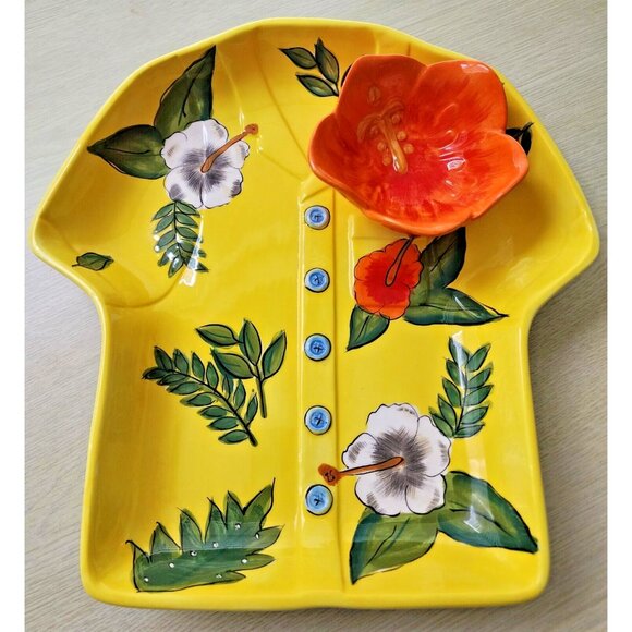 TROPICAL SHIRT CHIP & DIP-YELLOW & ORANGE WITH HIBISCUS FLOWERS BY DENNIS EAST - Picture 5 of 8